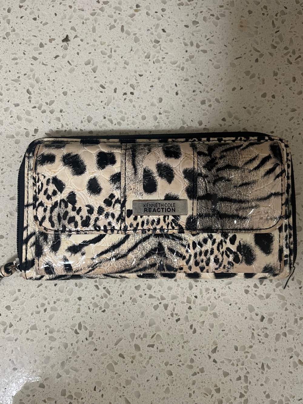 Kenneth Cole Reaction Animal Print Zip Wallet in Beige and Black